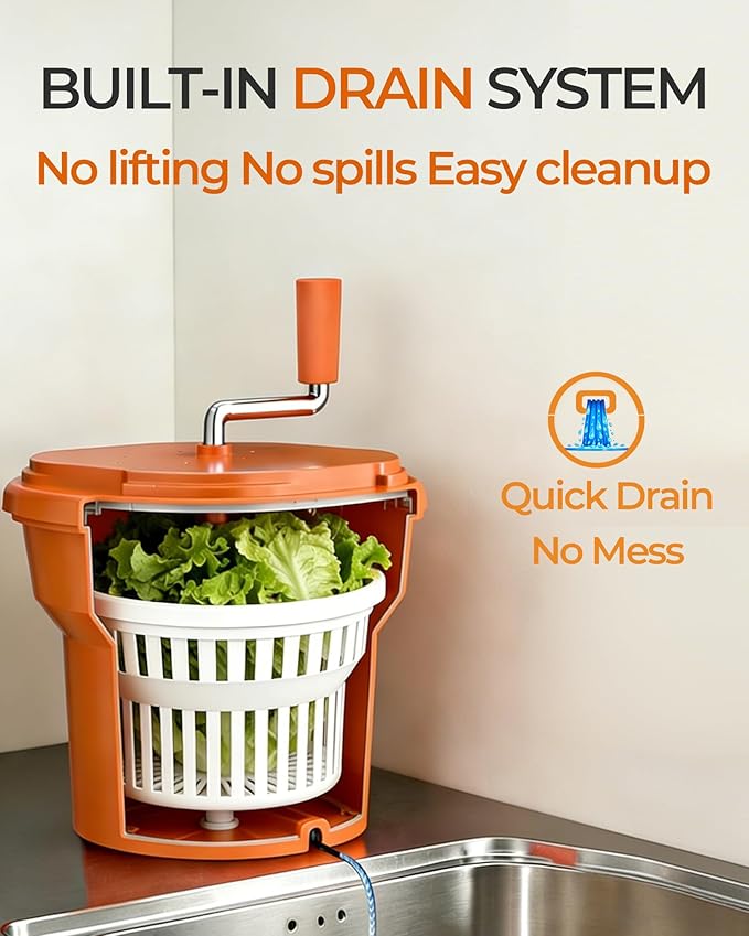 Commercial Salad Spinner - 2.5 Gallon Salad Dryer w/Aluminum Handle & Draining Hose, 10Qt Manual Salad Spinner for up to 3 Heads of Lettuce Spinner Large for Catering Kitchen Cafe