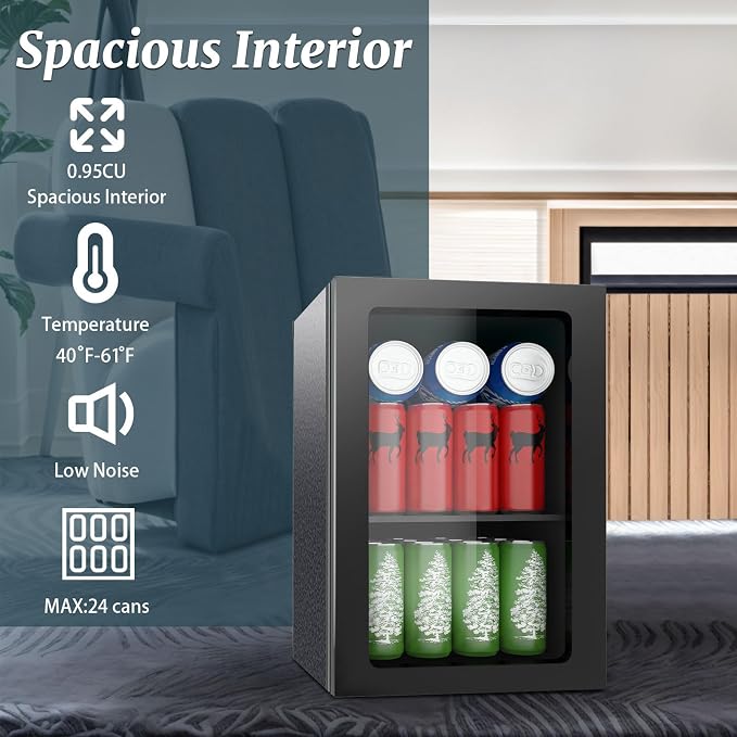 Compact 24 Can/0.95 Cu.Ft Mini Fridge, Portable Quiet Small Beverage Refrigerator Cooler With Removable Shelves&Manual Temperature Control For Office, Dorm, Bar