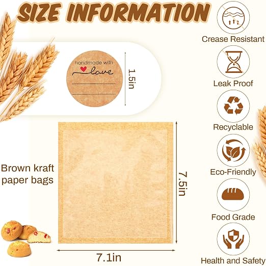 Outus 200 Pcs Cookie Packaging Bags with Seal, 7.1 x 7.5 Inch Bakery Pastry Bags with Window, Heat Sealable Grease Resistant Paper to Go Bake Sleeves for Gift Giving Donut Bread Sandwich (Brown)