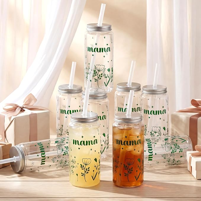 Skylety 24 Pcs Mama Plastic Cups Gifts Bulk Mama Sage Green 14 oz Tumbler with Straw Lid Reusable for Mom Christian Party Favors for Women Teacher Graduation Party