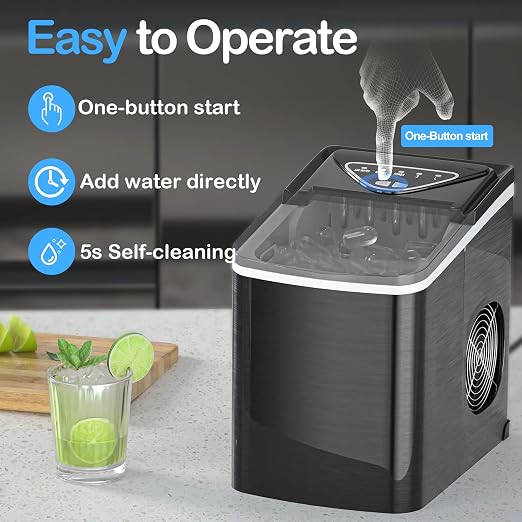 SPECILITE Ice Makers Countertop, Compact Counter Machine, Self Cleaning, 26L/24H, 9 Ice Cubes S/L Pellet in 6-8 Mins, Portable Icemaker with Pouch/Bag/Scoop/Basket for Home Kitchen Office Bar (Black)