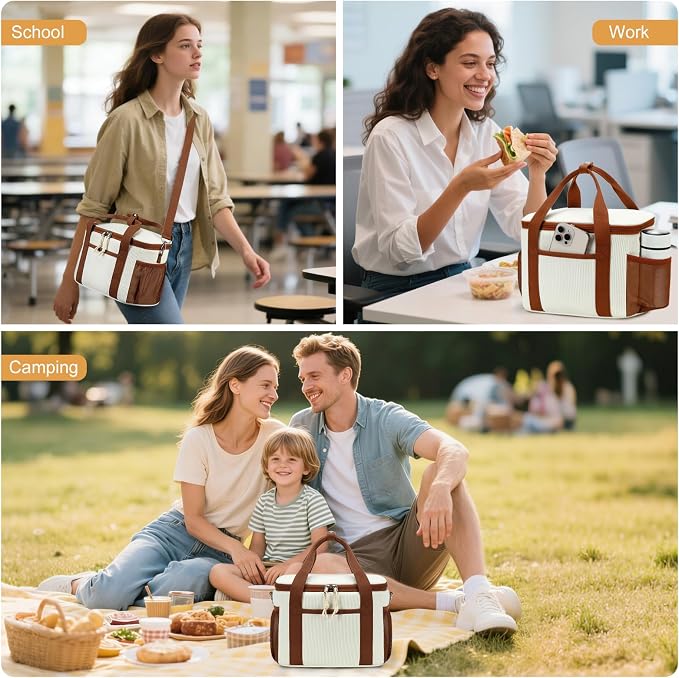 BTOOP Insulated Lunch Box for Women, Cute Corduroy Lunch Bag with Shoulder Strap, Leakproof Wide-Open Lunch Tote for Work, Office, School, Picnic, Cream
