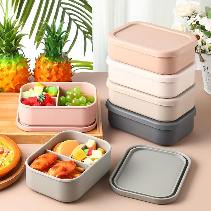 Honeydak 6 Pcs Silicone Bento Box for Adults, 3 Compartment Lunchable Food Container for Women Men, Leak Proof Microwave Dishwasher Freezer Safe (Light Colors)