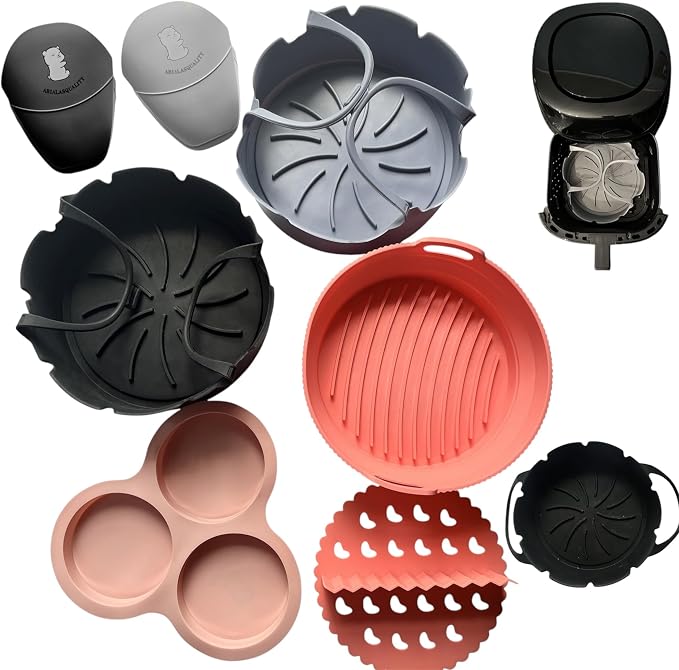 ARIALASQUALITY Air Fryer Accessories Set with Divider 8PCS, Reusable Nonstick Liners, Meal Prep Cooking Set with Cupcake Pan, Burger Rack & Heat Resistant Gloves