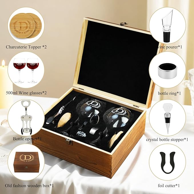 GZLDGIFTS Personalized Initial Wine Glasses Box Gift Set For Women Mom Engraved Birthday Monogrammed Wooden Christmas Gifts Wedding Anniversary Wine Couples Stopper Opener Initial Letterr (L Set)