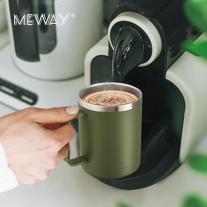 MEWAY 12oz Coffee Mug With Handle and Sliding Lid,Stainless Steel Travel Tumbler Cup with Handle,Double Wall Vacuum Insulated Camping Cup for Hot & Cold Drinks Tea (Army Green,Set of 1