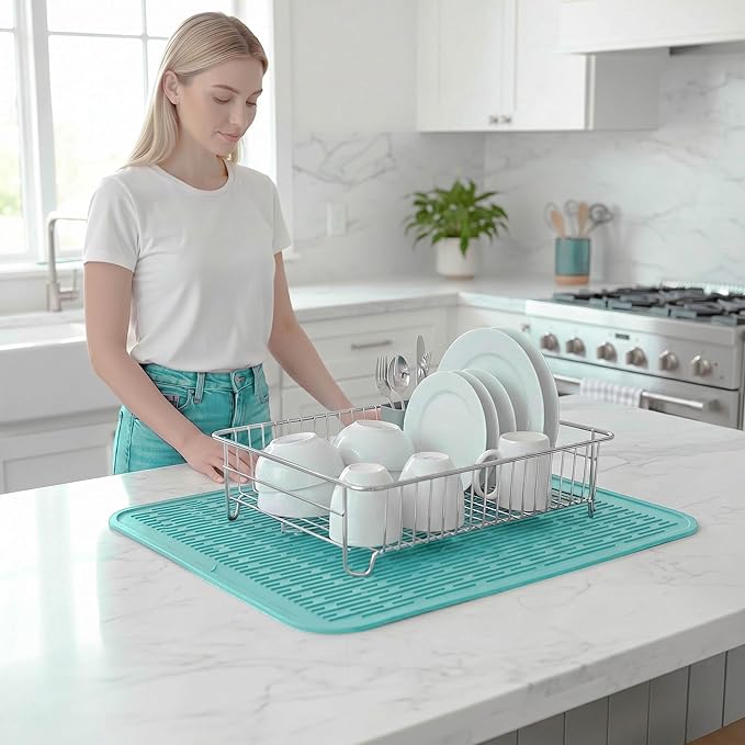 MicoYang Silicone Dish Drying Mat for Multiple Usage,Easy clean,Eco-friendly,Heat-resistant Silicone Mat for Kitchen Counter or Sink,Refrigerator or Drawer Liner Mint 2XL 24 inches x 18 inches