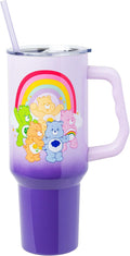 Silver Buffalo Care Bears Rainbow Featuring Funshine, Cheer, Grumpy, Friend, and Good Luck Bear Double Walled Stainless Steel Tumbler with Handle and Straw, Fits in Standard Cup Holder, 40 Ounces