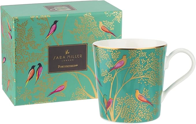 Portmeirion Sara Miller London Chelsea Mug, Green | 12 Oz Cup for Drinking Tea, Coffee, and Hot Cocoa | Made from Fine China with Gold Detail | Handwash Only
