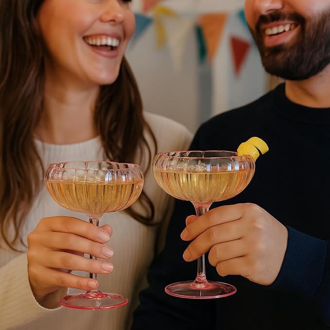 Khen Flower Modern Wavy Glass Coupes Martini, Champagne & Cocktail Coupes - Set of 2-7.7oz Colorful Cocktail Glasses & Prosecco, Mimosa Glassware Copyright Design - Blush Pink