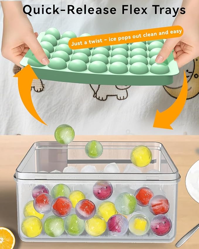 Round Ice Cube Trays with Lid and Bin - 1.0 Inch Small Sphere Ice Ball Maker for Freezer, Makes 70 Ice Balls, Stackable Ice Mold for Cocktails, Whiskey, Coffee & Drinks, BPA-Free Ice Trays for Freezer