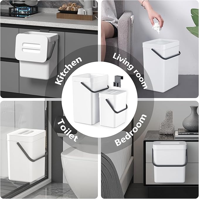 Gintan 13 Gallon Trash Can with Lid, 25-45 L Altitude Variable Bin, Garbage Can with Wheels for Kitchen, Bathroom, Bedroom, Office, with Two Space-Saving Hangable Small Waste Bin and Garbage Bag