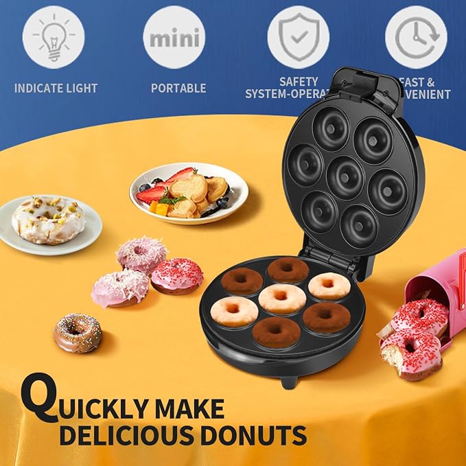 DSP Mini Donut Maker - Non-Stick, 7 Donuts, Cool-Touch | Quick 3-Min Baking, Indicator Lights, Easy Wipe-Clean, Breakfast/Snacks/Desserts, Black