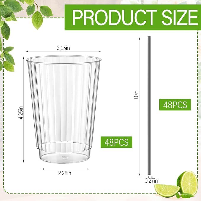 Plastic Highball Glasses with Straws(set of 48), 12 oz Shatterproof Drinking Cups, Collins Whiskey Glass Ribbed Cup, Smoothie Mojito Cocktail Tumbler for Wedding Spring Summer Party