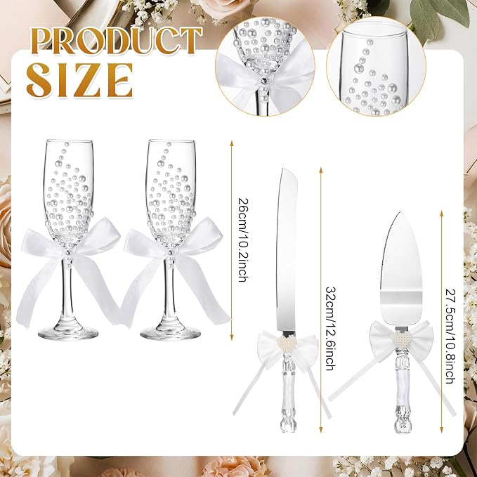 Boao Pearl Wedding Champagne Flutes and Cake Knife Server Set of 4, Champagne Flutes Toasting Glasses with Pearls for Bride and Groom Engagement Anniversary Bridal Shower Gifts(Bow,White)