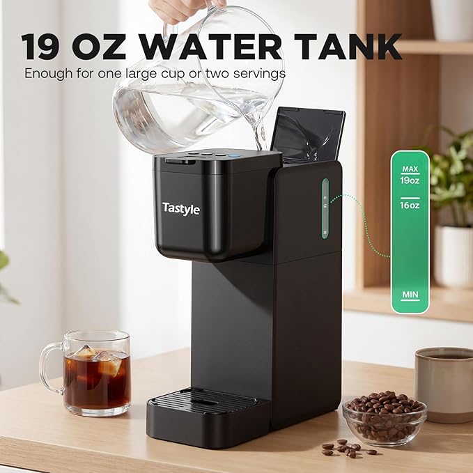 Tastyle Single Serve Coffee Maker for K Cup and Ground Coffee | Brew up to 16 Oz, Fits 7.3'' Travel Mug | Hot, Bold & Over Ice | Compact for Office, RV& Hotel, Classic Black (3.0 Version)