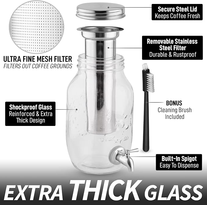 Zulay Kitchen 1.5 Liter Cold Brew Coffee Maker with EXTRA-THICK Glass Carafe & Stainless Steel Mesh Filter - Premium Iced Coffee Maker, Cold Brew Pitcher & Tea Infuser