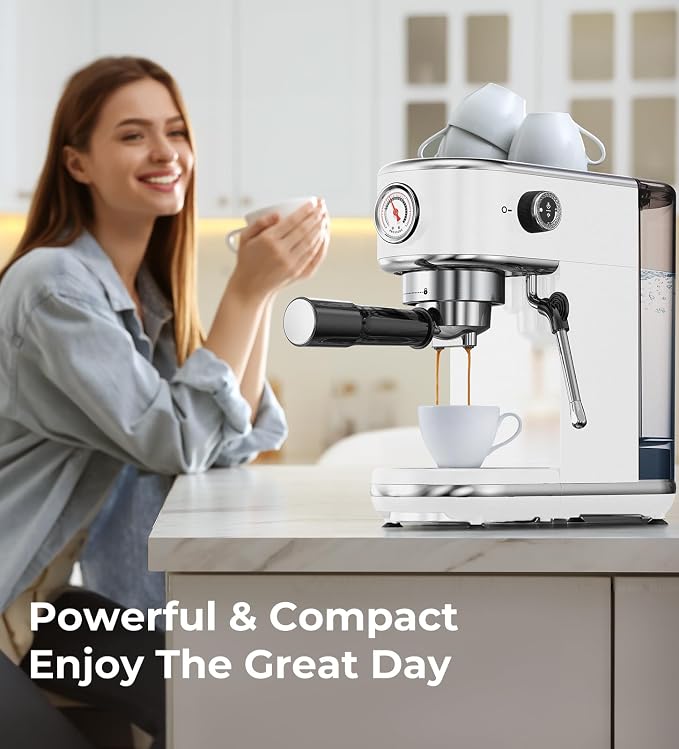 Atatix 20 Bar Espresso Machine with Milk Frother, Professional Compact Espresso Maker, Stainless Steel Coffee Machine with Precise Temp Control & 44oz Removable Water Tank for Latte, Cappuccino, White