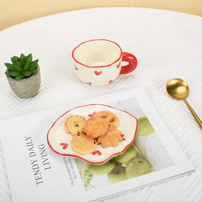 Koythin Ceramic Coffee Mug Saucer Set, Cute Creative Cup with Heart Pattern Saucer Design for Office and Home, Dishwasher and Microwave Safe, 6 oz/180 ml for Latte Tea Milk (Red Heart)