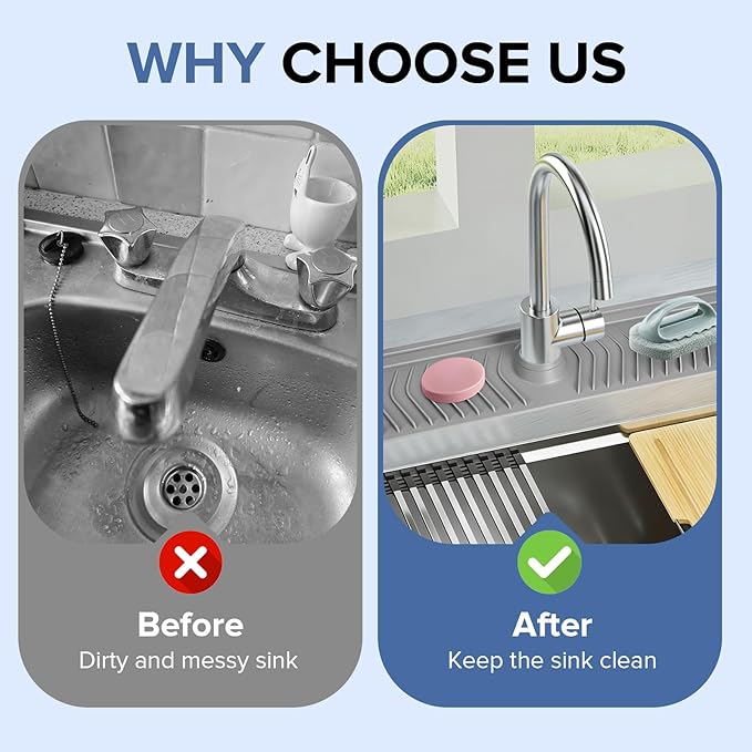 Kitchen Sink Faucet Mat,30in New Foldable Faucet Mat for Kitchen Sink, Adjustable Waterproof Splash Guard Draining Mat,Keep Countertops Dry ((Gray,29.9" x 5.7)