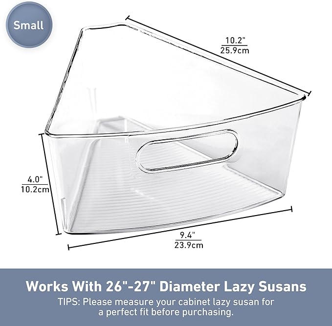 Leeden Lazy Susan Organizer for 26" Diameter Corner Lazy Susan, Plastic Kitchen Cabinet Storage Bins with Handle, 4 Packs, 1/8 Wedge - Food Safe, BPA Free