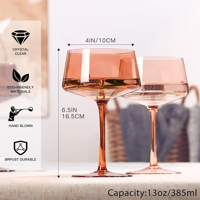 comfit Brown Coupe glasses Set of 6-13 oz Large Capacity Martini Glassware - Amber Colored Cocktail Glasses- 【Hand-Blown】 Colored Champagne Glass-Wedding Gifts