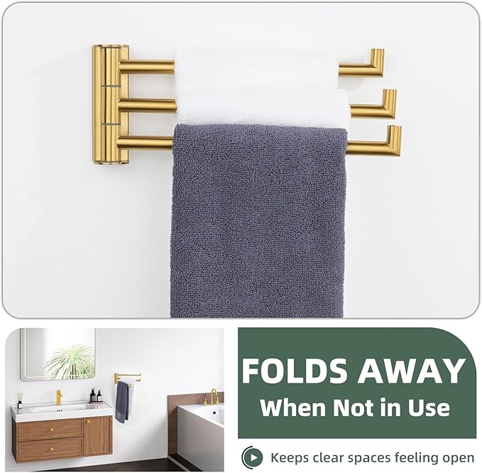Aomasi Brushed Gold Swivel Towel Rack, 304 Stainless Steel 3-Arm Rotating Bathroom Towel Bar, Rustproof Space-Saving Holder for Kitchen, RV, Laundry Room