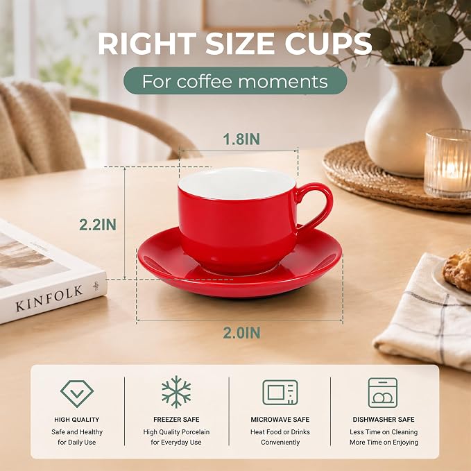 3 Ounce Espresso Cups Set of 4, Stackable Demitasse Mugs, Includes Display Stand, Cups Saucers, and Spoons, for Machines & Home Use, Red, Gold Tone