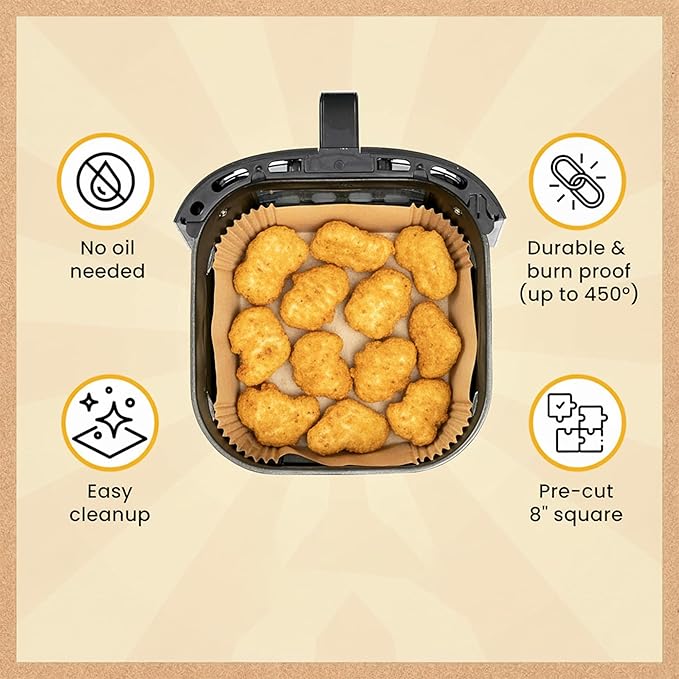400 Pcs 8 Inch Square Air Fryer Paper Liners Disposable Parchment Liners Made of Unbleached Food Grade Paper for Non Stick Oil Proof Cooking in 5 to 8 QT Air Fryer Baskets