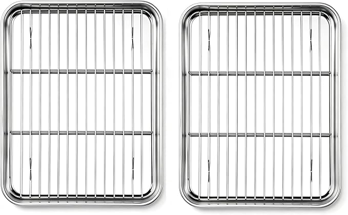 Onader Toaster Oven Tray and Rack Set, Stainless Steel Baking Cookie Sheet | 10⅜ x 8⅛ Inch Small Broiler Baking Pan with Metal Cooling Rack, 2 Sheet Pans + 2 Wire Rack, Rust Resistant