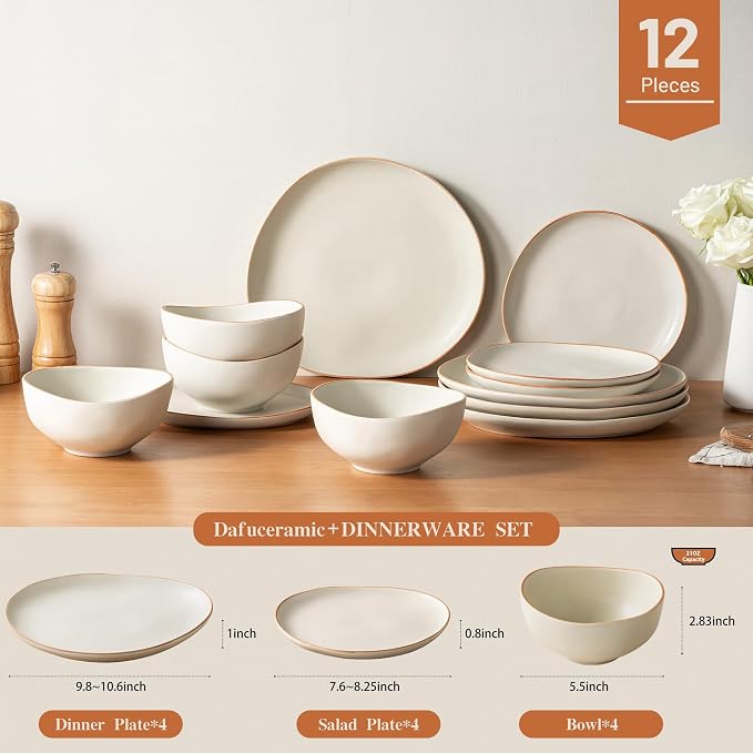 Dafuceramic Stoneware Dinnerware Set for 4, 12 Piece Plates and Bowls Set with Glazed Rim,Chip & Scratch Resistant Plates Sets, Dishwasher Microwave Safe Dishes (Light Beige)
