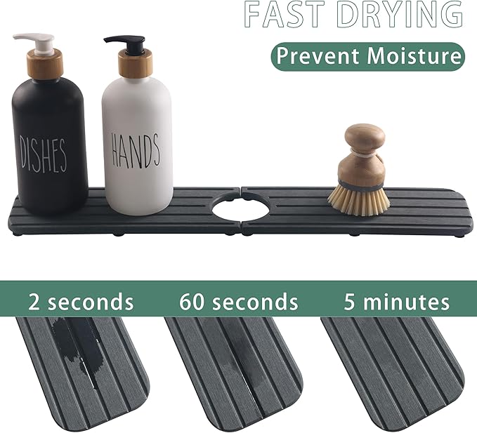 NiuYichee 20inch x 4inch Kitchen Sink Faucet Mat, Water Absorbing Stone Faucet Splash Guard for Bathroom Counter, Quick Drying Diatomite Tray for Kitchen Sink, Dark Gray