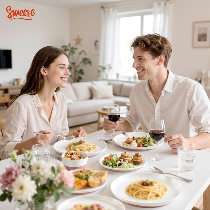 Sweese Plates and Bowls Set, Porcelain Dinnerware Sets for 6, 18 Pieces Handcrafted Glaze Dishes, Chip and Scratch Resistant, Microwave Oven & Dishwasher Safe Dishwasher Safe, White & Pink ﻿