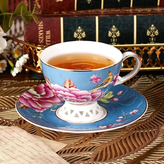 KAMMAK Tea Cups and Saucers Set of 2, Fine Bone China Coffee Cups, Stackable Espresso Mugs, Ceramic Demitasse for Coffee, Cappuccino, Latte, Americano, Tea, Blooming Flowers (Blue + Pink)
