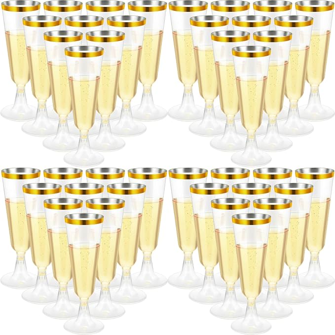 CHENGU 150 Pcs Champagne Flutes 5 Oz Plastic Disposable Champagne Flutes Crystal Wine Glasses Reusable Plastic Cocktail Cups for Wedding Celebration Toasting Drinking (Gold,Classic)
