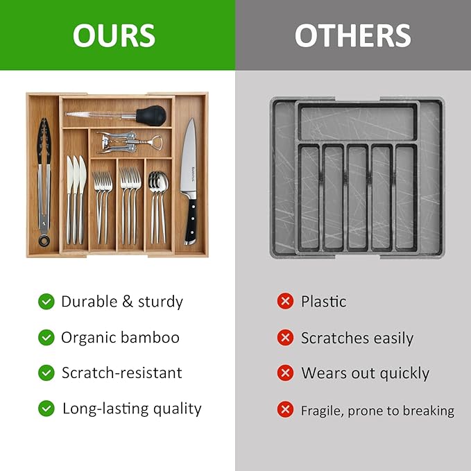 large Expandable Silverware Drawer Organizer - Bamboo Kitchen Organizers and Storage, Adjustable Silverware Organizer, Utensil Drawer Organizer for Kitchen Organization (6-8 Slots)