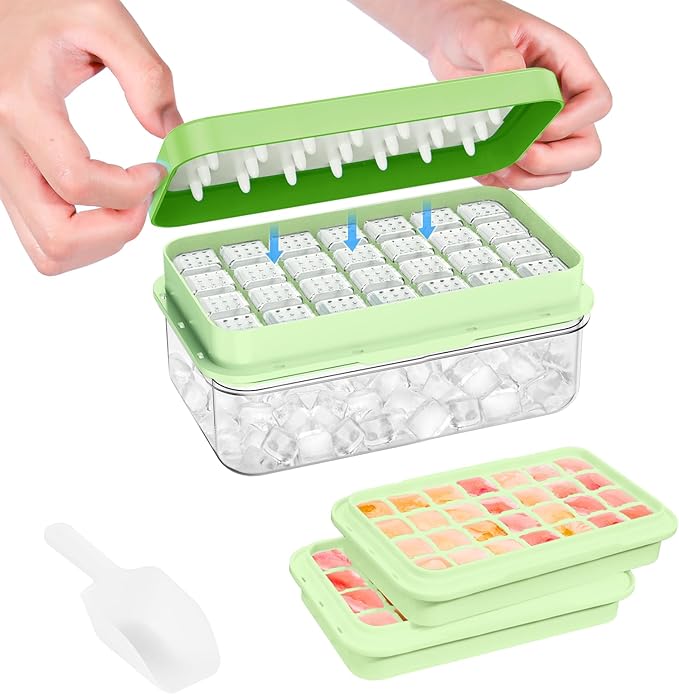 PHINOX Ice Cube Tray With Lid and Bin, Ice Trays for Freezer, Flexible Ice Cube Trays, Making 56 pcs Ice Cubes, Chilling Cocktail, Whiskey, Coffee, with 2 trays, Ice Container, Scoop&Cover, BPA Free