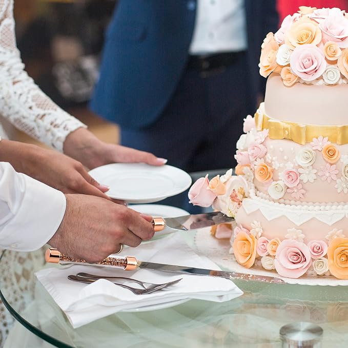 Wedding Champange Flutes and Cake Knife Server Set, Rose Gold Mr and Mrs Champagne Glasses for Bride and Groom Toasting