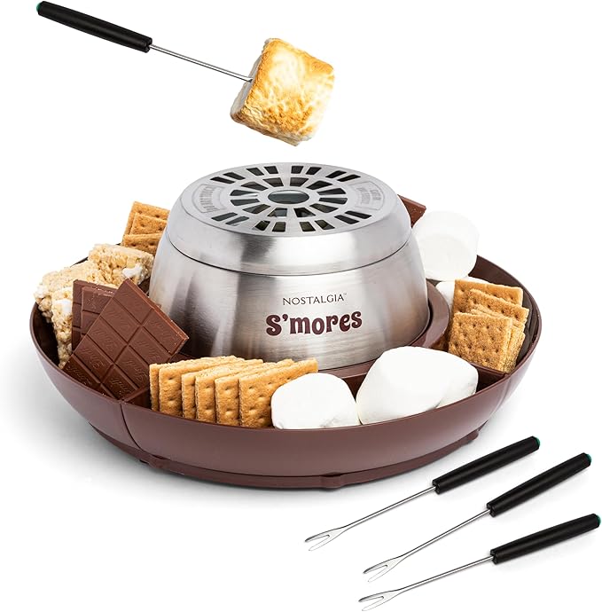 Nostalgia Tabletop Indoor Electric S'mores Maker - Smores Kit With Marshmallow Roasting Sticks and 4 Tray Lazy Susan for Graham Crackers, Chocolate, and Marshmallows - Movie Night Supplies - Brown