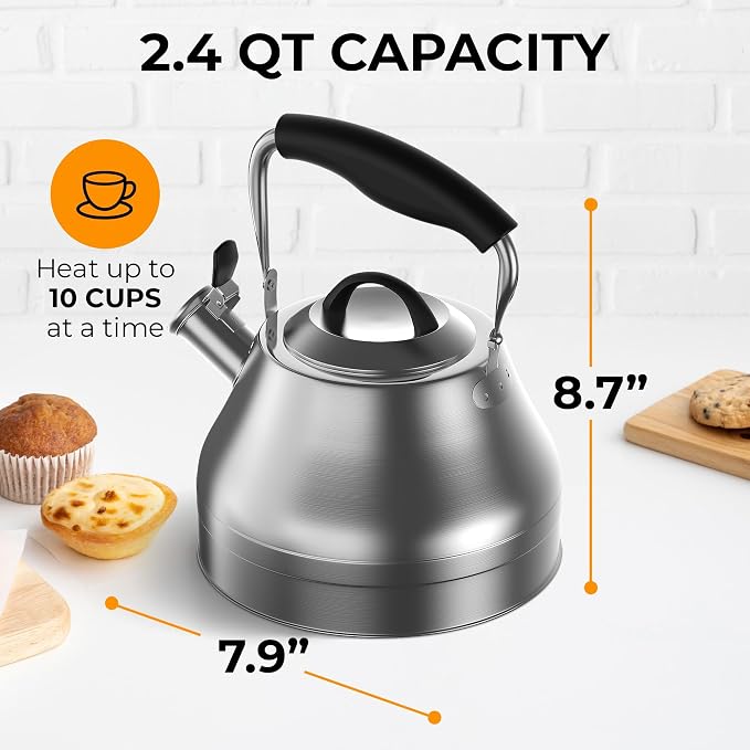 Stovetop Whistling Tea Kettle 2.4 QT / 2.3L, Stainless Steel Water Kettle for Induction, Gas & Electric Stoves, Fast Boiling Tea Kettle with Loud Whistle, Cool Touch Handle, Wide Lid, Satin, Silver
