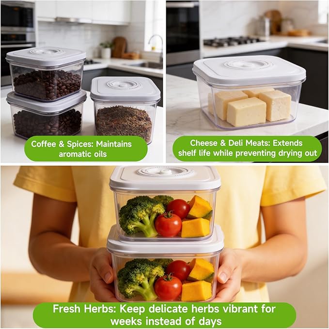 Vixino Vacuum Seal Containers, 3Pcs Reusable Food Storage Containers with Lids for Meal Prep and Freezer, BPA-Free，Microwave Safe，Leak-proof, Airtight (Vacuum Sealer Not Included)