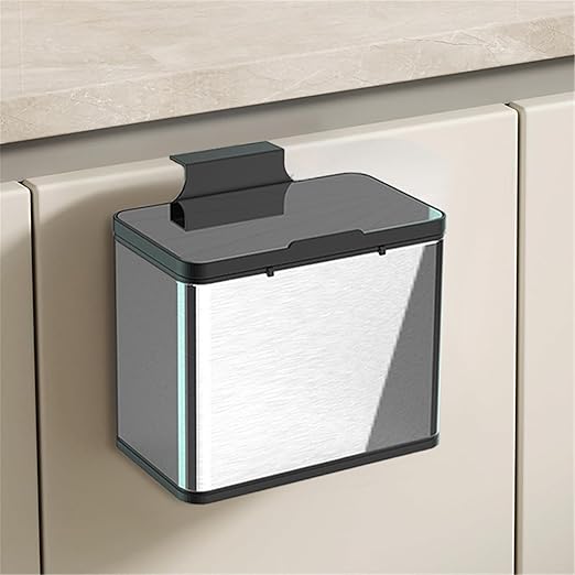 Wall Mounted Hanging Kitchen Trash Can Stainless Steel Bin 3L 0.8 Gallon Slim Cabinet Door Over Counter Lid Manual Open Small Bathroom RV Dorm Office Removable Liner Ring Bag Storage Hook