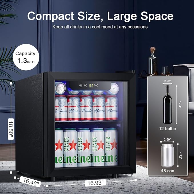 Antarctic Star Mini Fridge 12 Bottle 48 Can Beverage Refrigerator Cooler with Glass Door for Soda Drinks or Wine,Freestanding Beverage Fridge for Home and Bar with Adjustable Shelving, 1.3 Cu. Ft.