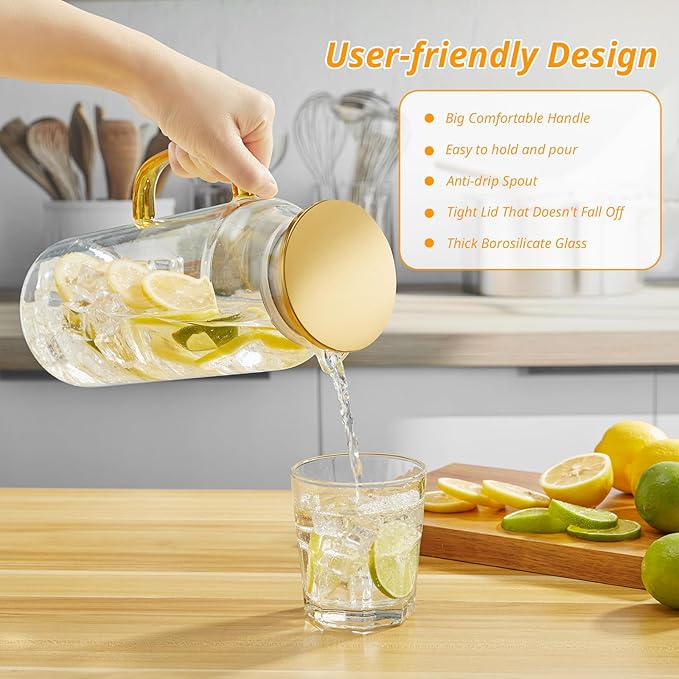 2 Liter 68 oz Glass Pitcher with Lid and Handle, Gold Glass Carafe for Fridge, Water Pitcher for Hot/Cold Water, Large Jug for Iced Tea, Coffee, Juice and Homemade Beverage