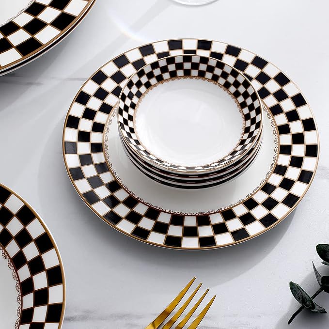 Porlien Checker Pattern 20-piece Round Dinnerware Set for 4, Porcelain Dinner Sets
