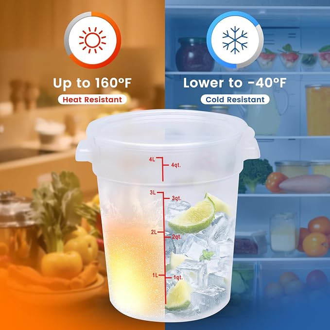 4 Pack 4QT Round Food Storage Containers with Lids | NSF, BPA-free PP containers with scale, label and measuring cup, stackable for prep, storage, freezer. Dishwasher safe