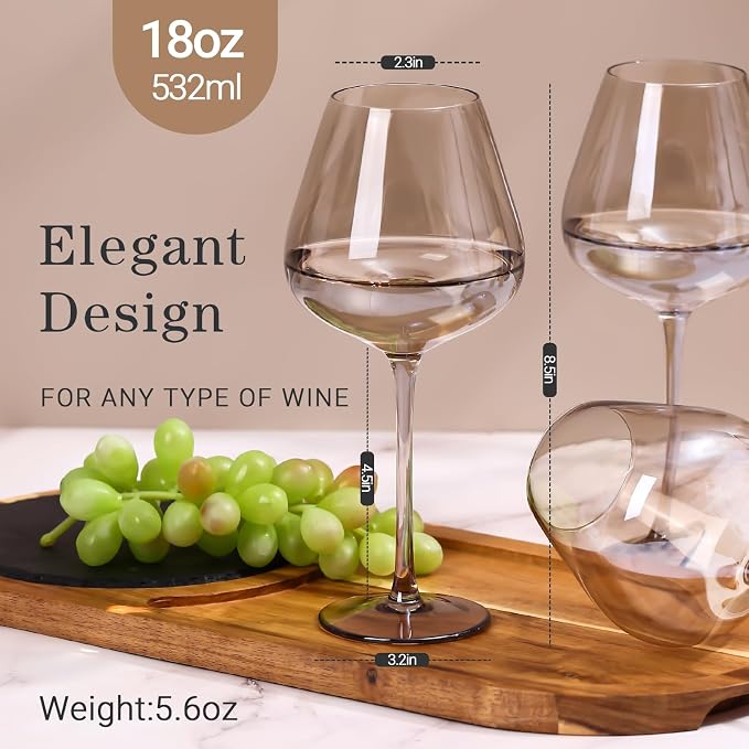 Physkoa Mocha Mousse Color Wine Glasses Set 6-18oz Long Stem Smokey Gray Wine Glasses-Hand Blown Mocha Stemware for Home Decro Pary