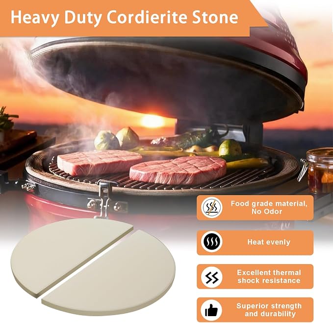 15 Inch Half-Moon Ceramic Heat Deflector Plates for Kamado Joe Classic I, II, III Grill Parts BBQ Accessories, 2-Pack Pizza Stone