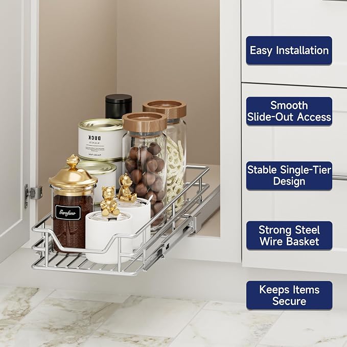 Pull Out Cabinet Organizer, 9" W x 21.5" D, Heavy Duty Chrome Slide Out Shelf for Narrow Base Cabinets, Sliding Wire Basket Drawer for Spices, Bottles, Snacks & Cleaning Supplies