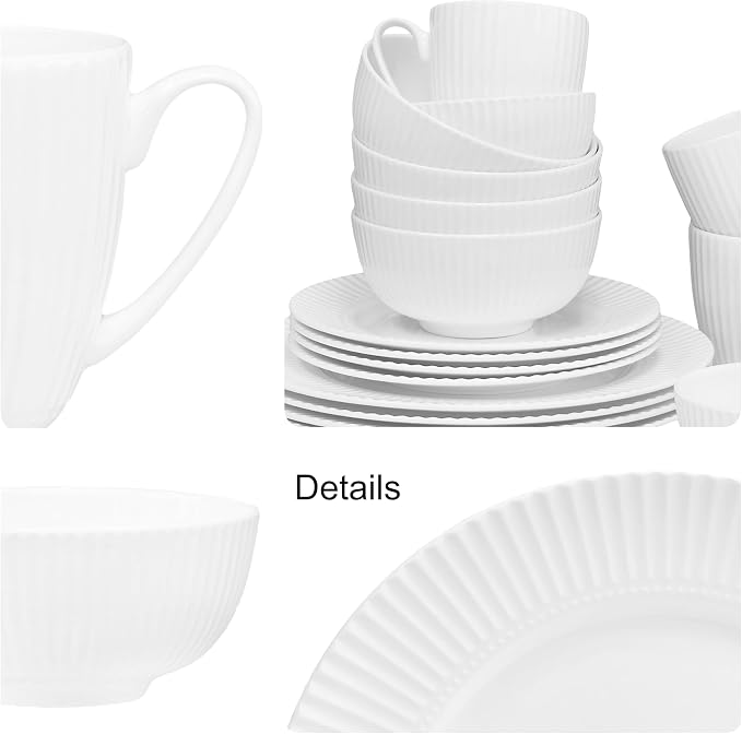 Bone China Dinnerware, 20PC Set, Service for 4, White Embossed, stripe, Microwave Safe, Translucent, Elegant giftware, Dish set, Essential Home, Kitchen Dishes, Dinner Set